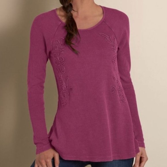 Soft surroundings waffle knit embroidered camden top - Picture 3 of 7